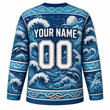 Load image into Gallery viewer, Ocean Wave Rider Original Hockey Jersey in Deep Ocean, back view with your name and number – wave scallop yoke and rolling wave sleeve stripes