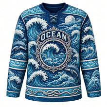 Load image into Gallery viewer, Ocean Wave Rider Original Hockey Jersey in Deep Ocean, front view – towering curling waves, leaping dolphins and wave compass crest, custom name and number