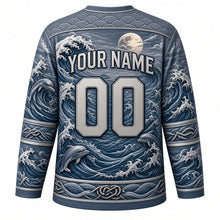 Load image into Gallery viewer, Ocean Wave Rider Original Hockey Jersey in Storm Slate, back view with your name and number – wave scallop yoke and rolling wave sleeve stripes