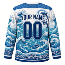 Load image into Gallery viewer, Ocean Wave Rider Original Hockey Jersey in Seafoam White, back view with your name and number – wave scallop yoke and rolling wave sleeve stripes