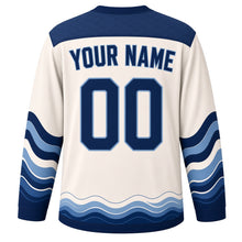 Load image into Gallery viewer, Ocean Wave Woodblock Original Hockey Jersey in Washi Cream, back view with your name and number – wave-scale yoke and curling-wave sleeve stripes