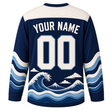 Load image into Gallery viewer, Ocean Wave Woodblock Original Hockey Jersey in Indigo Wave, back view with your name and number – wave-scale yoke and curling-wave sleeve stripes