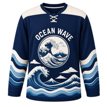 Load image into Gallery viewer, Ocean Wave Woodblock Original Hockey Jersey in Indigo Wave, front view – curling ocean wave in woodblock print style with snowy mountain wave crest, custom name and number