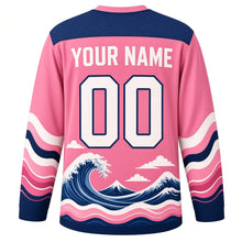 Load image into Gallery viewer, Ocean Wave Woodblock Original Hockey Jersey in Sakura Pink, back view with your name and number – wave-scale yoke and curling-wave sleeve stripes