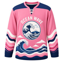 Load image into Gallery viewer, Ocean Wave Woodblock Original Hockey Jersey in Sakura Pink, front view – curling ocean wave in woodblock print style with snowy mountain wave crest, custom name and number