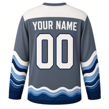 Load image into Gallery viewer, Ocean Wave Woodblock Original Hockey Jersey in Storm Slate, back view with your name and number – wave-scale yoke and curling-wave sleeve stripes
