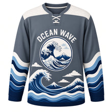 Load image into Gallery viewer, Ocean Wave Woodblock Original Hockey Jersey in Storm Slate, front view – curling ocean wave in woodblock print style with snowy mountain wave crest, custom name and number