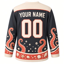 Load image into Gallery viewer, Octopus Tide Pool Original Hockey Jersey in Charcoal Coral, back view with your name and number – bubble-dot yoke and tentacle-curl sleeve stripes