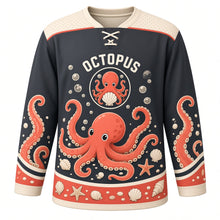 Load image into Gallery viewer, Octopus Tide Pool Original Hockey Jersey in Charcoal Coral, front view – friendly curling octopus in a sunny tide pool with octopus crest, custom name and number