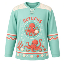 Load image into Gallery viewer, Octopus Tide Pool Original Hockey Jersey in Sea Glass Mint, front view – friendly curling octopus in a sunny tide pool with octopus crest, custom name and number