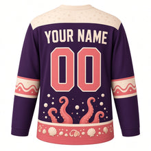 Load image into Gallery viewer, Octopus Tide Pool Original Hockey Jersey in Deep Plum, back view with your name and number – bubble-dot yoke and tentacle-curl sleeve stripes