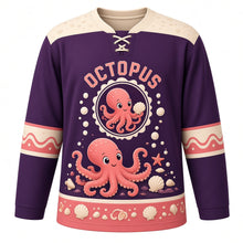 Load image into Gallery viewer, Octopus Tide Pool Original Hockey Jersey in Deep Plum, front view – friendly curling octopus in a sunny tide pool with octopus crest, custom name and number