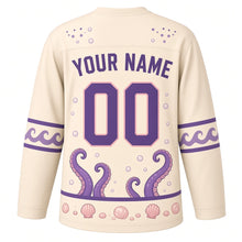 Load image into Gallery viewer, Octopus Tide Pool Original Hockey Jersey in Sand Cream, back view with your name and number – bubble-dot yoke and tentacle-curl sleeve stripes