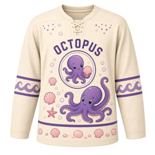 Load image into Gallery viewer, Octopus Tide Pool Original Hockey Jersey in Sand Cream, front view – friendly curling octopus in a sunny tide pool with octopus crest, custom name and number