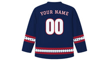 Load image into Gallery viewer, Old New Year Original Hockey Jersey in Midnight Blue, back view with your name and number