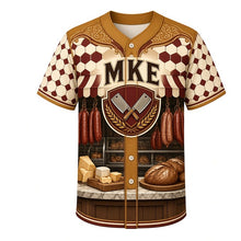 Load image into Gallery viewer, Old World Butcher Milwaukee Baseball Jersey in Brown Mustard, front view – old-world butcher shop with smoked links, hand-lettered signs and meat-market tile, custom name and number