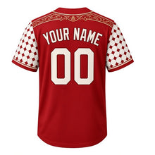 Load image into Gallery viewer, Old World Butcher Milwaukee Baseball Jersey in Paprika Red, back view with your name and number – tile-patterned sleeves and striped hem