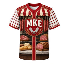 Load image into Gallery viewer, Old World Butcher Milwaukee Baseball Jersey in Paprika Red, front view – old-world butcher shop with smoked links, hand-lettered signs and meat-market tile, custom name and number