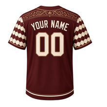 Load image into Gallery viewer, Old World Butcher Milwaukee Baseball Jersey in Smokehouse Brown, back view with your name and number – tile-patterned sleeves and striped hem