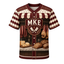 Load image into Gallery viewer, Old World Butcher Milwaukee Baseball Jersey in Smokehouse Brown, front view – old-world butcher shop with smoked links, hand-lettered signs and meat-market tile, custom name and number