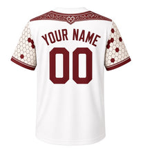 Load image into Gallery viewer, Old World Butcher Milwaukee Baseball Jersey in Butcher Tile White, back view with your name and number – tile-patterned sleeves and striped hem