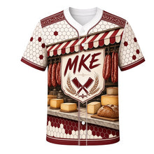 Load image into Gallery viewer, Old World Butcher Milwaukee Baseball Jersey in Butcher Tile White, front view – old-world butcher shop with smoked links, hand-lettered signs and meat-market tile, custom name and number