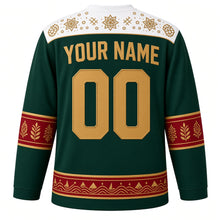 Load image into Gallery viewer, Oman Original Hockey Jersey in Jebel Green, back view with your name and number – kumma-embroidery yoke and frankincense-sprig sleeve bands
