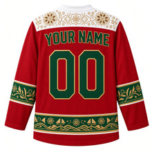 Load image into Gallery viewer, Oman Original Hockey Jersey in Muscat Red, back view with your name and number – kumma-embroidery yoke and frankincense-sprig sleeve bands