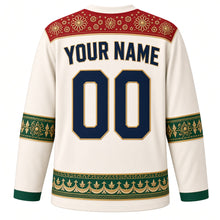 Load image into Gallery viewer, Oman Original Hockey Jersey in Frankincense White, back view with your name and number – kumma-embroidery yoke and frankincense-sprig sleeve bands