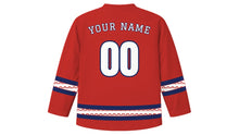 Load image into Gallery viewer, Omisoka Original Hockey Jersey in Vermilion, back view with your name and number