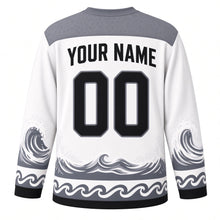 Load image into Gallery viewer, Orca Pod Waves Original Hockey Jersey in Sea Foam White, back view with your name and number – bubble-pattern yoke and curling-wave sleeve stripes