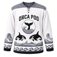 Load image into Gallery viewer, Orca Pod Waves Original Hockey Jersey in Sea Foam White, front view – sleek orcas leaping through rolling ocean waves with orca-tail crest, custom name and number