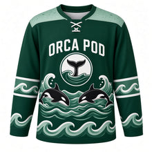 Load image into Gallery viewer, Orca Pod Waves Original Hockey Jersey in Kelp Forest, front view – sleek orcas leaping through rolling ocean waves with orca-tail crest, custom name and number