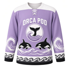 Load image into Gallery viewer, Orca Pod Waves Original Hockey Jersey in Arctic Lavender, front view – sleek orcas leaping through rolling ocean waves with orca-tail crest, custom name and number