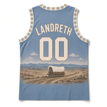Load image into Gallery viewer, Oregon Trail Wagon Original Basketball Jersey in Dusk Blue, back view with your name and number