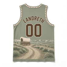 Load image into Gallery viewer, Oregon Trail Wagon Original Basketball Jersey in Prairie Sage, back view with your name and number