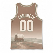 Load image into Gallery viewer, Oregon Trail Wagon Original Basketball Jersey in Trail Brown, back view with your name and number