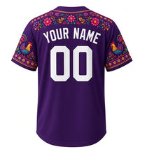Load image into Gallery viewer, Paczki Day Milwaukee Baseball Jersey in Plum Filling Purple, back view with your name and number – paper-cut folk flower trim on sleeves and yoke