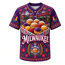 Load image into Gallery viewer, Paczki Day Milwaukee Baseball Jersey in Plum Filling Purple, front view – sugar-dusted paczki, bakery boxes and Polish folk-art flowers, custom name and number