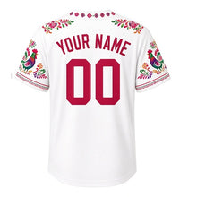 Load image into Gallery viewer, Paczki Day Milwaukee Baseball Jersey in Powdered Sugar White, back view with your name and number – paper-cut folk flower trim on sleeves and yoke