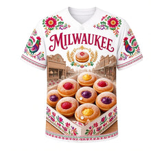 Load image into Gallery viewer, Paczki Day Milwaukee Baseball Jersey in Powdered Sugar White, front view – sugar-dusted paczki, bakery boxes and Polish folk-art flowers, custom name and number