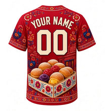 Load image into Gallery viewer, Paczki Day Milwaukee Baseball Jersey in Raspberry Jam Red, back view with your name and number – paper-cut folk flower trim on sleeves and yoke