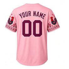 Load image into Gallery viewer, Paczki Day Milwaukee Baseball Jersey in Folk Rose Pink, back view with your name and number – paper-cut folk flower trim on sleeves and yoke