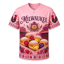 Load image into Gallery viewer, Paczki Day Milwaukee Baseball Jersey in Folk Rose Pink, front view – sugar-dusted paczki, bakery boxes and Polish folk-art flowers, custom name and number