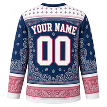 Load image into Gallery viewer, Paisley Bandana Original Hockey Jersey in Indigo Denim, back view with your name and number – dot-and-diamond yoke and paisley border sleeve stripes