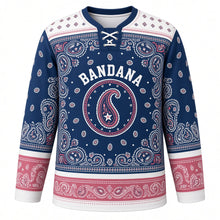 Load image into Gallery viewer, Paisley Bandana Original Hockey Jersey in Indigo Denim, front view – classic bandana paisley print with paisley teardrop crest, custom name and number