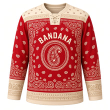 Load image into Gallery viewer, Paisley Bandana Original Hockey Jersey in Bandana Red, front view – classic bandana paisley print with paisley teardrop crest, custom name and number