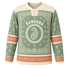 Load image into Gallery viewer, Paisley Bandana Original Hockey Jersey in Sage Prairie, front view – classic bandana paisley print with paisley teardrop crest, custom name and number