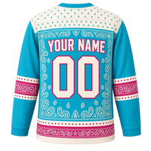 Load image into Gallery viewer, Paisley Bandana Original Hockey Jersey in Turquoise Trail, back view with your name and number – dot-and-diamond yoke and paisley border sleeve stripes