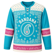Load image into Gallery viewer, Paisley Bandana Original Hockey Jersey in Turquoise Trail, front view – classic bandana paisley print with paisley teardrop crest, custom name and number